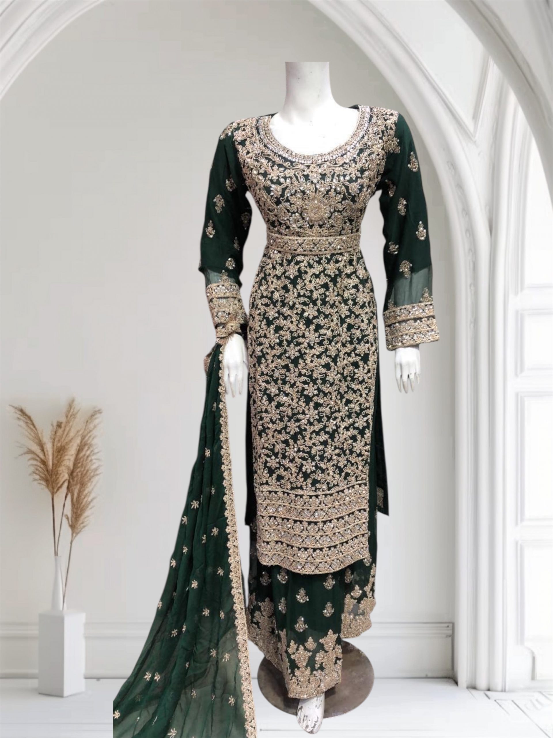 D24 Party Chiffon Plazzo BottoleGreen