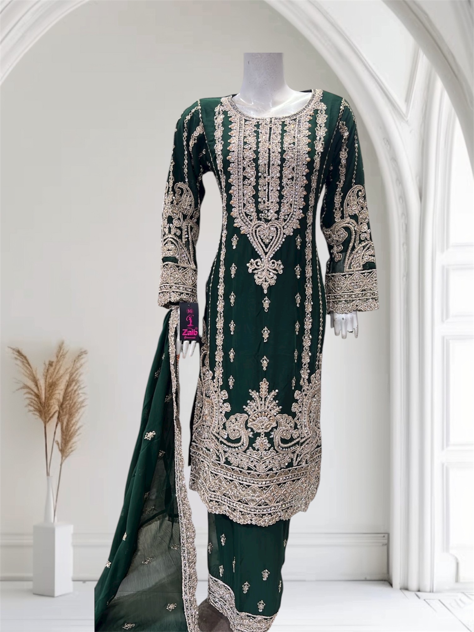 D22 Party Chiffon Plazzo BottleGreen