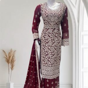 D24 Party Chiffon Plazzo Maroon