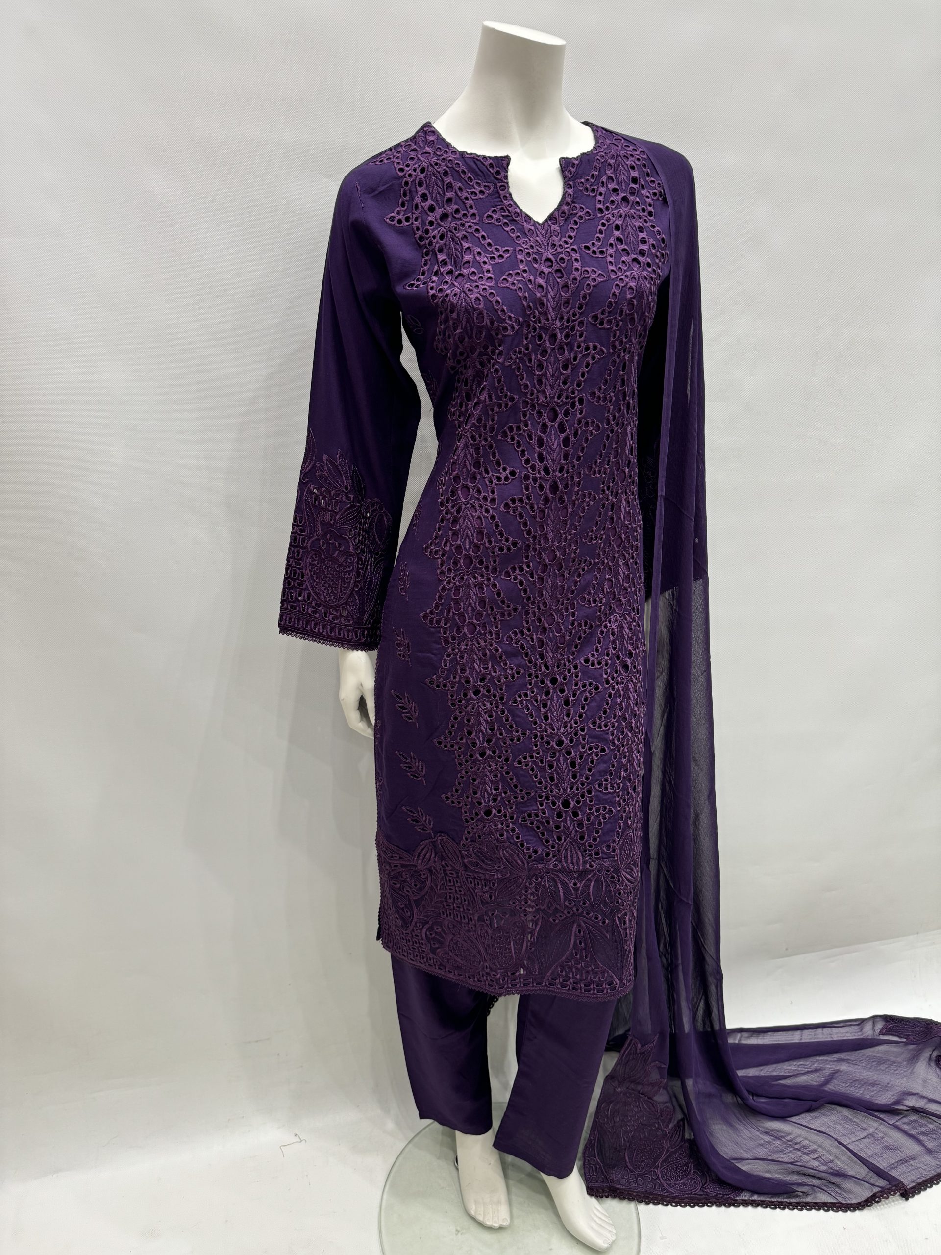 E25-D3 Trendy Cut Work Salwar Kameez Purple - Image 2