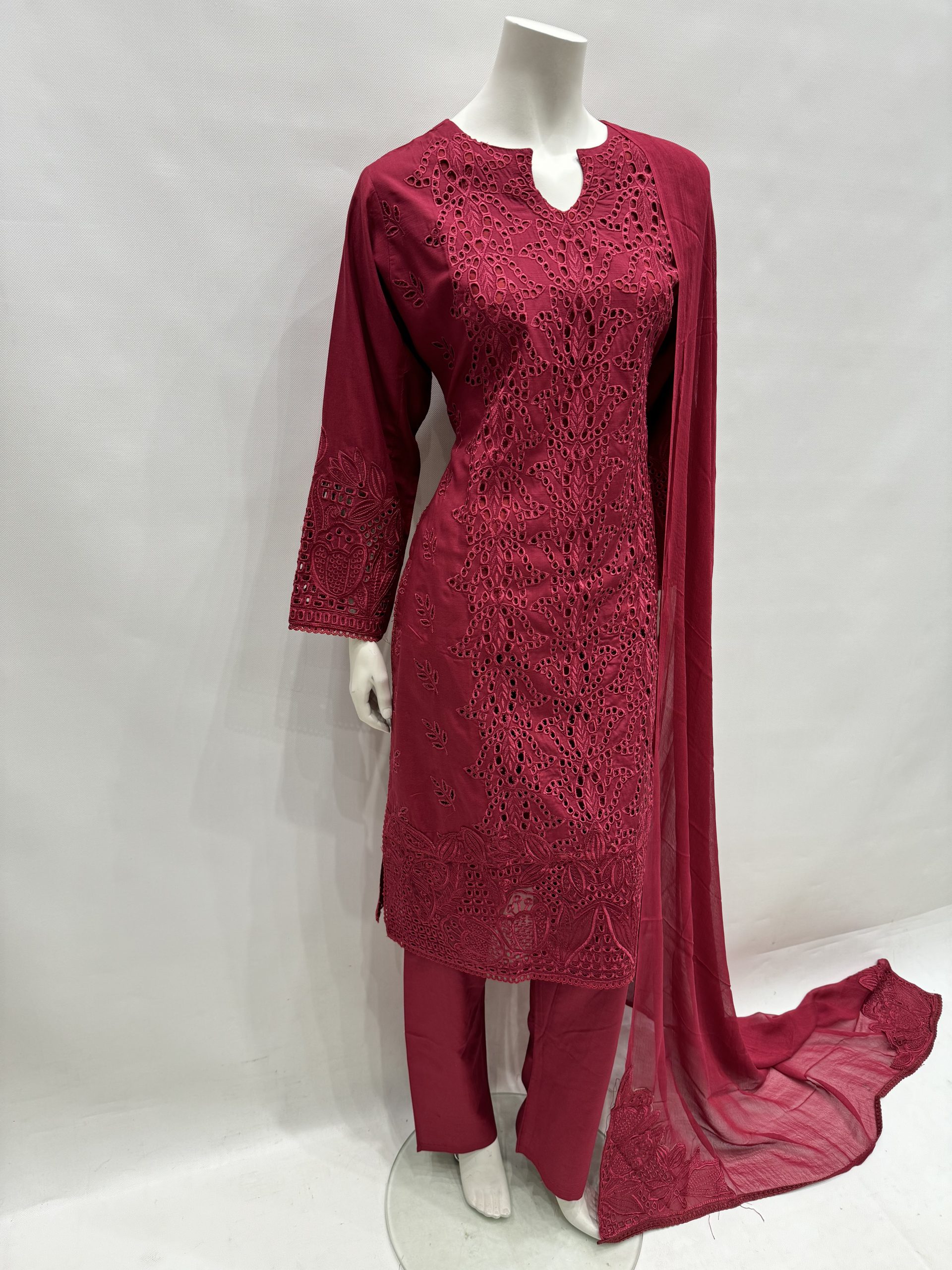 E25-D3 Trendy Cut Work Salwar Kameez Maroon - Image 2