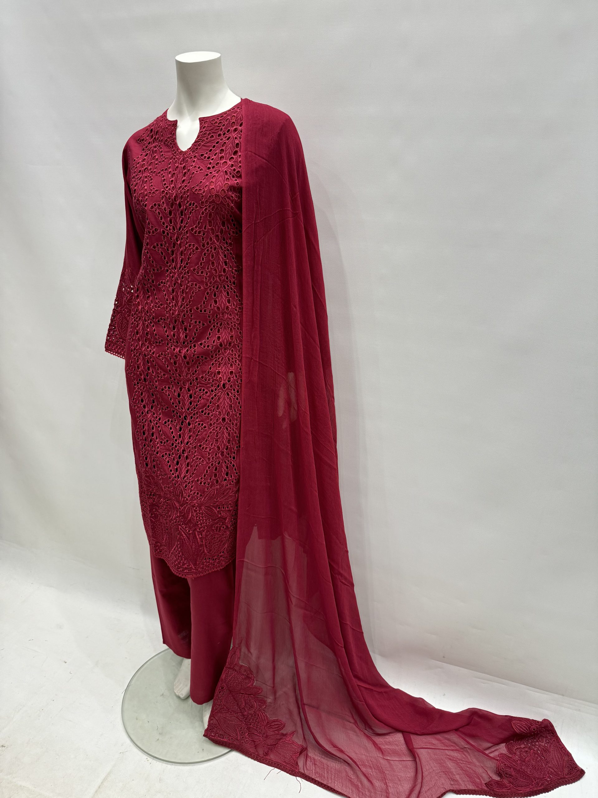 E25-D3 Trendy Cut Work Salwar Kameez Maroon - Image 3